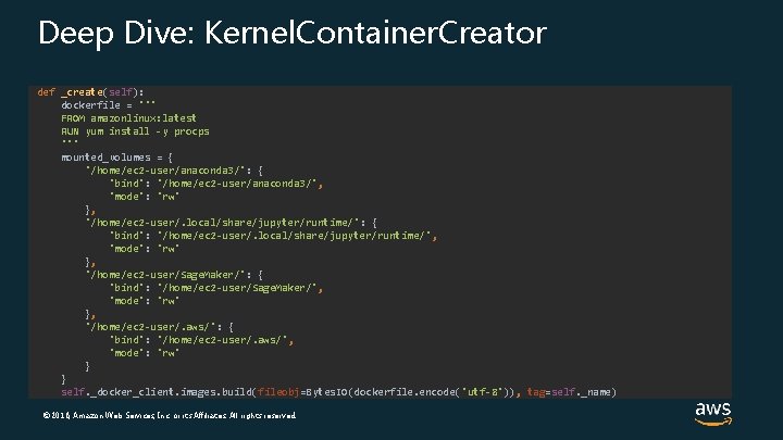 Deep Dive: Kernel. Container. Creator def _create(self): dockerfile = ''' FROM amazonlinux: latest RUN