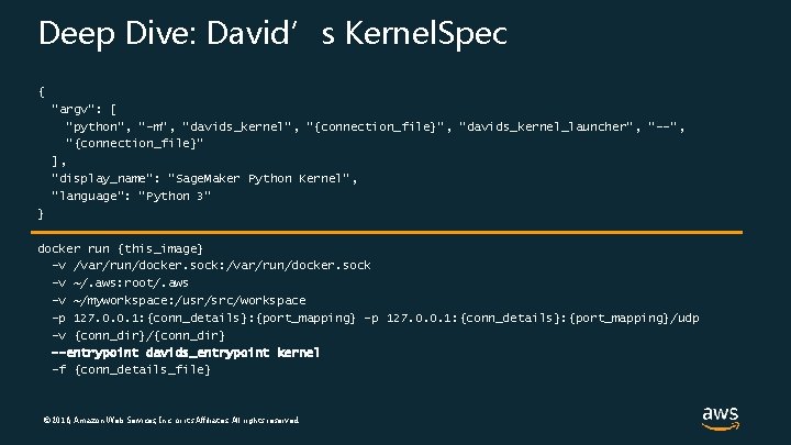 Deep Dive: David’s Kernel. Spec { "argv": [ "python", "-m", “davids_kernel", "{connection_file}", “davids_kernel_launcher", "--",