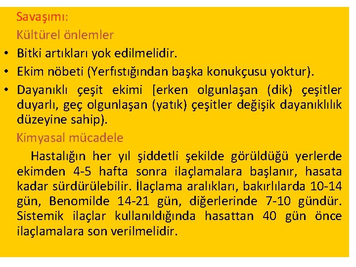 Savaşımı: Kültürel önlemler • Bitki artıkları yok edilmelidir. • Ekim nöbeti (Yerfıstığından başka konukçusu