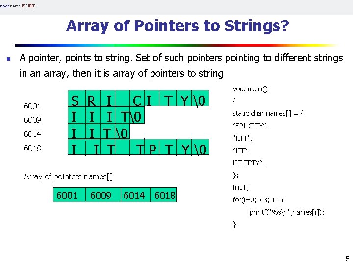 char name[5][100]; Array of Pointers to Strings? n A pointer, points to string. Set
