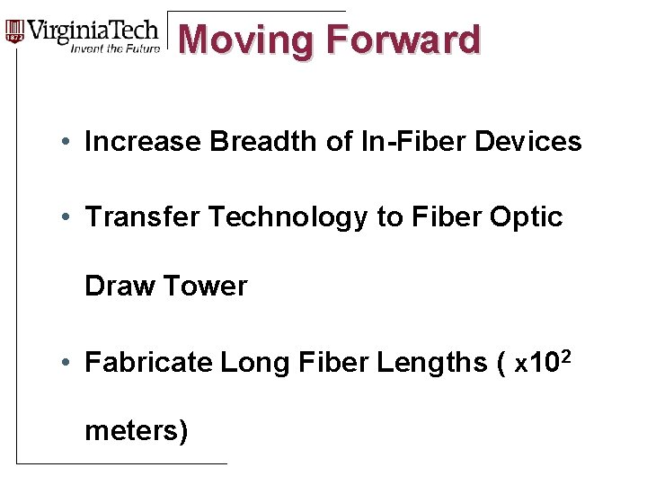 Moving Forward Title Here • Increase Breadth of In-Fiber Devices • Transfer Technology to