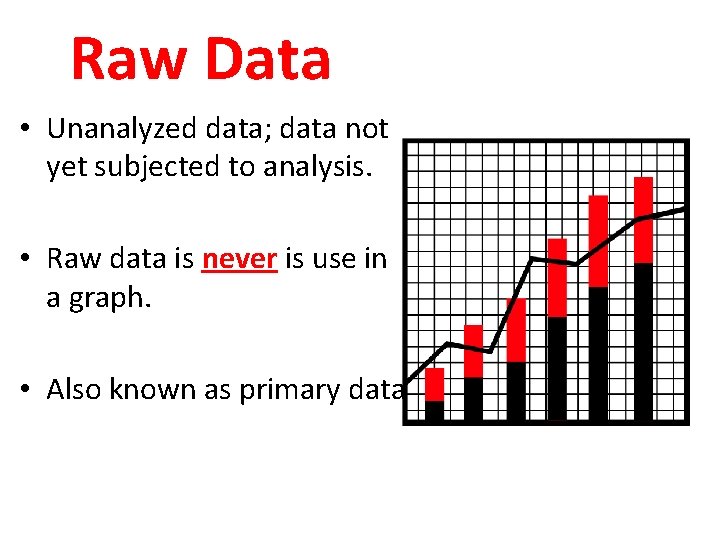 Raw Data • Unanalyzed data; data not yet subjected to analysis. • Raw data