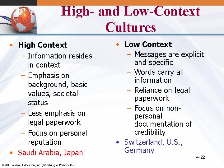 High- and Low-Context Cultures • High Context – Information resides in context – Emphasis