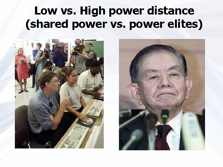 Low vs. High power distance (shared power vs. power elites) 
