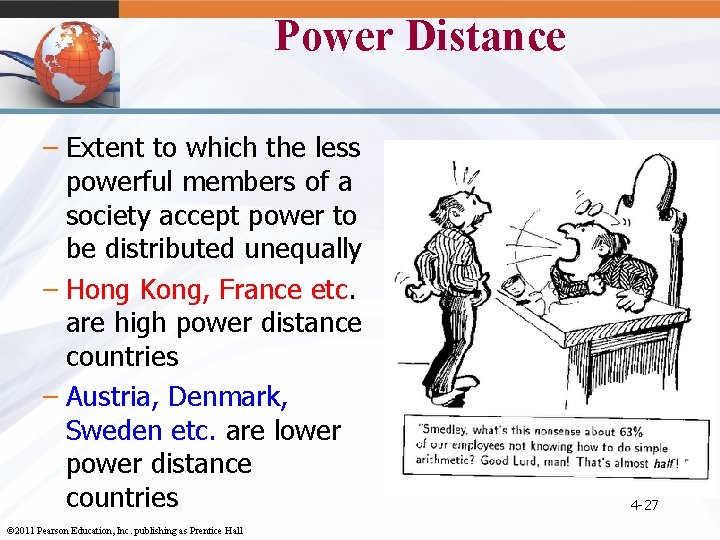 Power Distance – Extent to which the less powerful members of a society accept