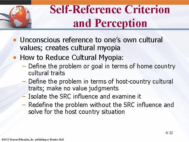 Self-Reference Criterion and Perception • Unconscious reference to one’s own cultural values; creates cultural
