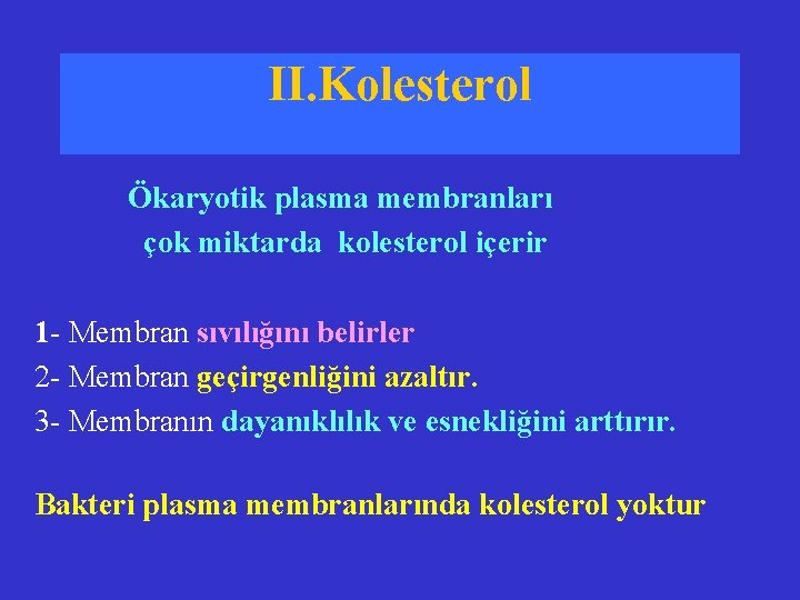 II. Kolesterol Ökaryotik plasma membranları çok miktarda kolesterol içerir 1 - Membran sıvılığını belirler