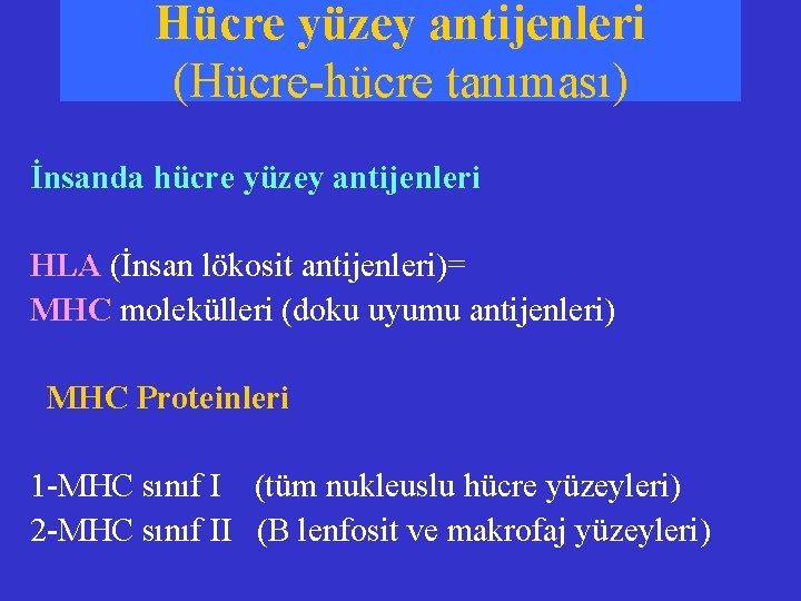 Hücre yüzey antijenleri (Hücre-hücre tanıması) İnsanda hücre yüzey antijenleri HLA (İnsan lökosit antijenleri)= MHC