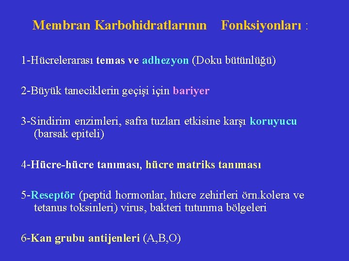  Membran Karbohidratlarının Fonksiyonları : 1 -Hücrelerarası temas ve adhezyon (Doku bütünlüğü) 2 -Büyük