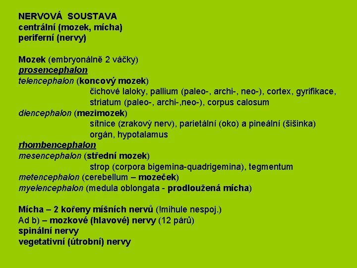 NERVOVÁ SOUSTAVA centrální (mozek, mícha) periferní (nervy) Mozek (embryonálně 2 váčky) prosencephalon telencephalon (koncový