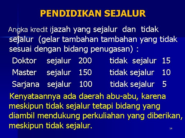 PENDIDIKAN SEJALUR Angka kredit ijazah yang sejalur dan tidak sejalur (gelar tambahan yang tidak