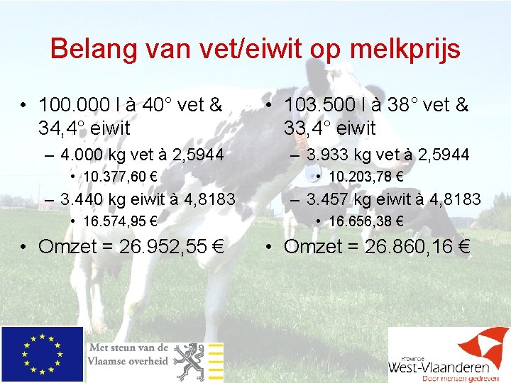 Belang van vet/eiwit op melkprijs • 100. 000 l à 40° vet & 34,