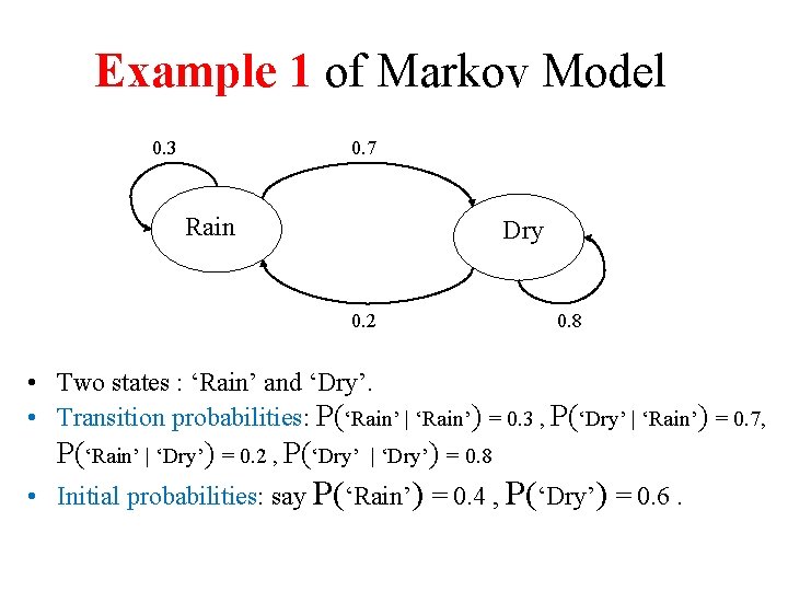 Example 1 of Markov Model 0. 3 0. 7 Rain Dry 0. 2 0.