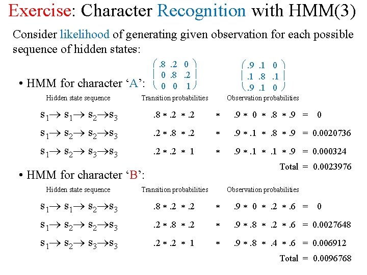 Exercise: Character Recognition with HMM(3) Consider likelihood of generating given observation for each possible
