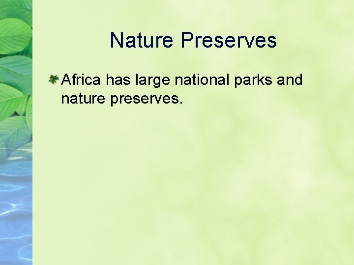 Nature Preserves Africa has large national parks and nature preserves. 