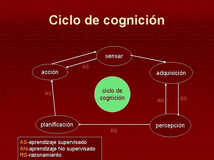 Ciclo de cognición sensar acción AS AS adquisición ciclo de cognición planificación RS AS-aprendizaje