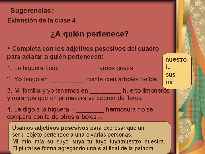 Sugerencias: Extensión de la clase 4 ¿A quién pertenece? • Completa con los adjetivos