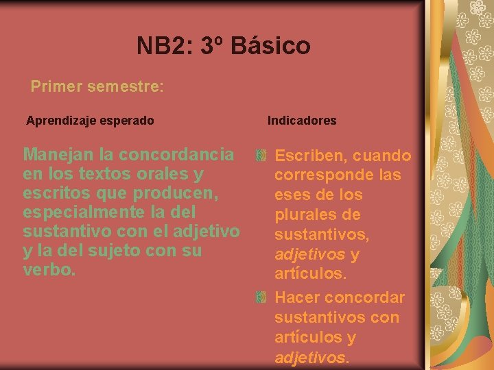 NB 2: 3º Básico Primer semestre: Aprendizaje esperado Manejan la concordancia en los textos