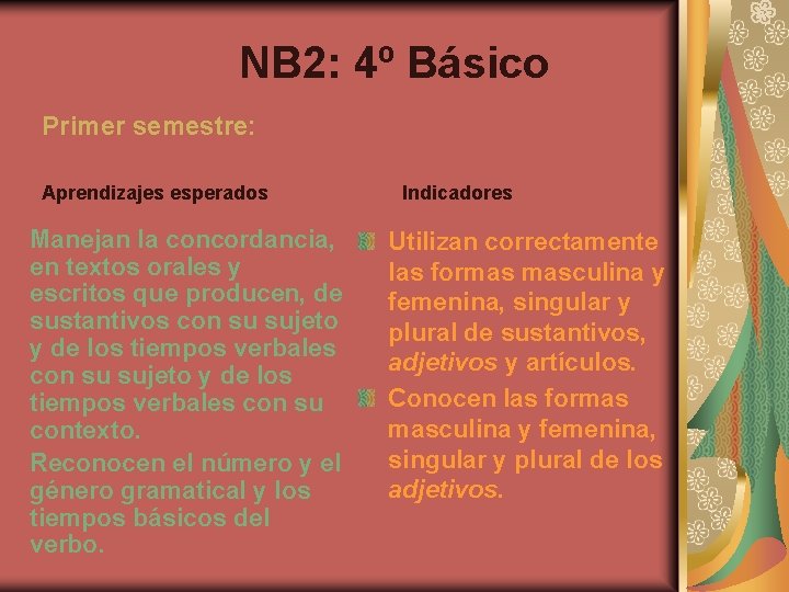 NB 2: 4º Básico Primer semestre: Aprendizajes esperados Manejan la concordancia, en textos orales