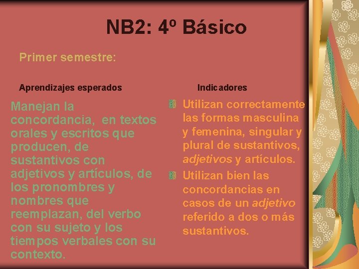 NB 2: 4º Básico Primer semestre: Aprendizajes esperados Manejan la concordancia, en textos orales