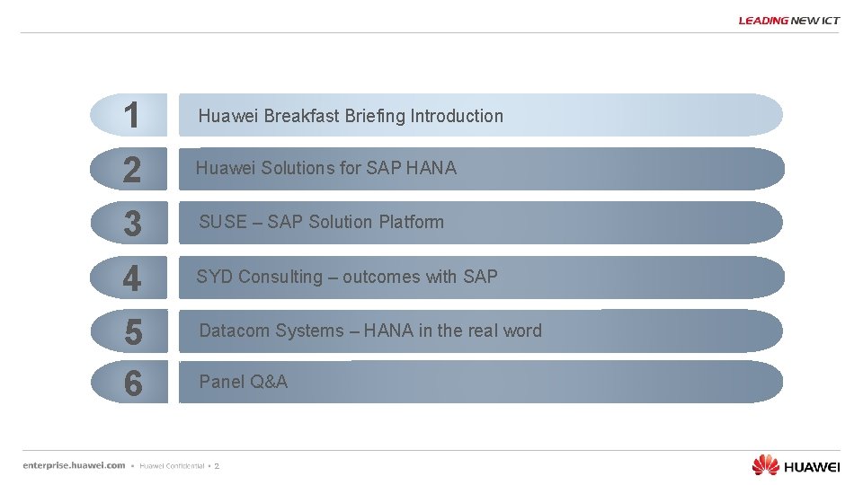 1 Huawei Breakfast Briefing Introduction 2 Huawei Solutions for SAP HANA 3 SUSE –