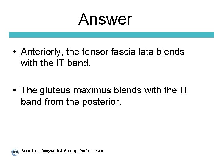 Answer • Anteriorly, the tensor fascia lata blends with the IT band. • The