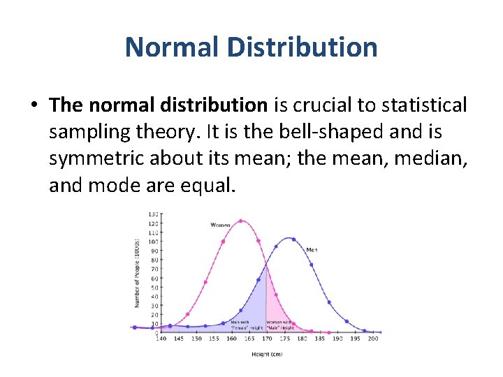 Normal Distribution • The normal distribution is crucial to statistical sampling theory. It is