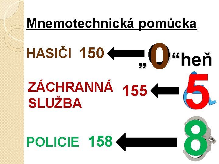 Mnemotechnická pomůcka HASIČI 150 O 0“heň „ ZÁCHRANNÁ 155 SLUŽBA POLICIE 158 5 8