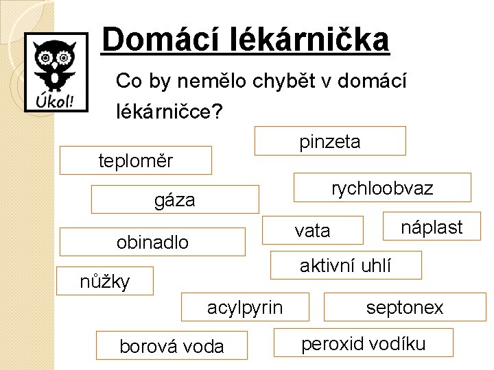 Domácí lékárnička Co by nemělo chybět v domácí lékárničce? pinzeta teploměr rychloobvaz gáza náplast