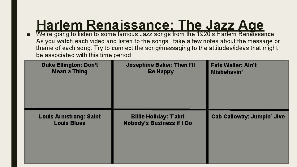 ■ Harlem Renaissance: The Jazz Age We’re going to listen to some famous Jazz