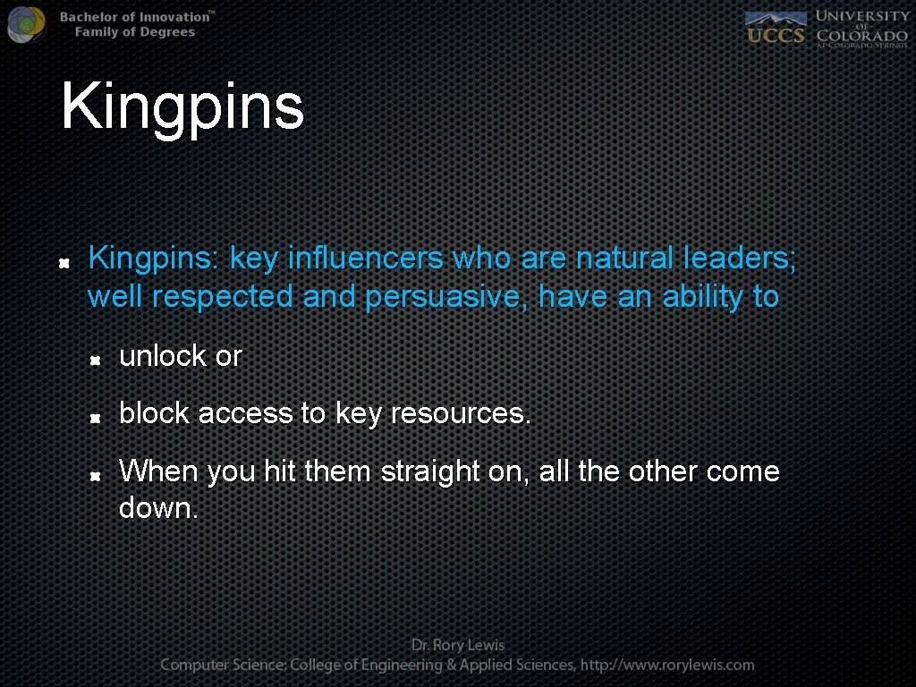 Kingpins: key influencers who are natural leaders; well respected and persuasive, have an ability