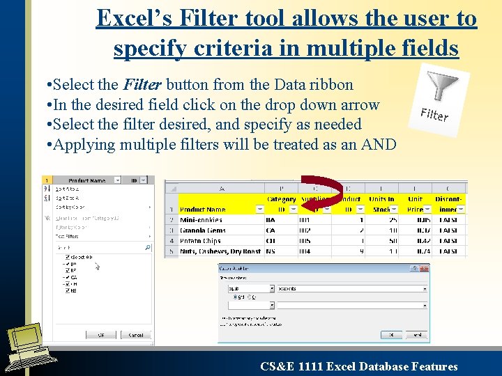 Excel’s Filter tool allows the user to specify criteria in multiple fields • Select