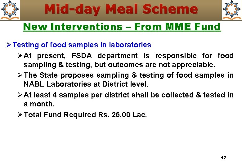 Mid-day Meal Scheme New Interventions – From MME Fund Ø Testing of food samples