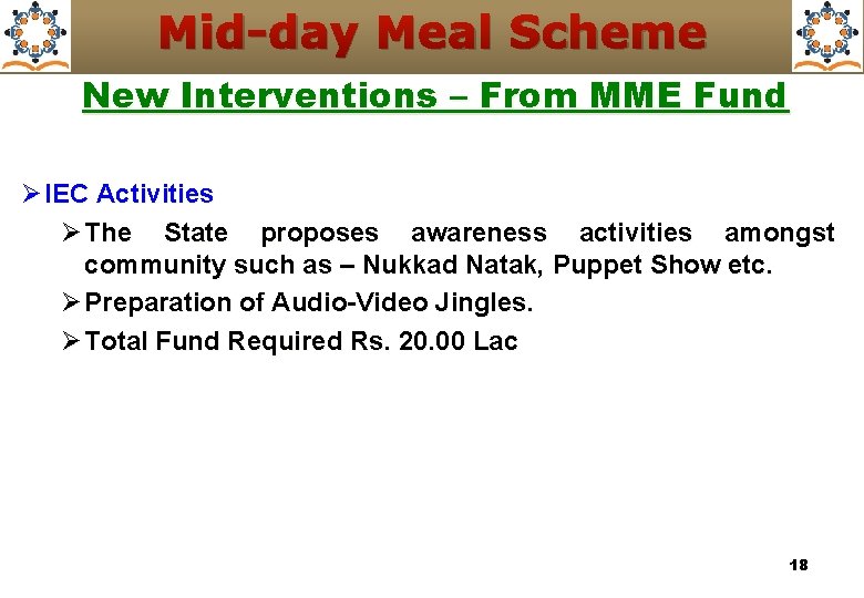 Mid-day Meal Scheme New Interventions – From MME Fund Ø IEC Activities Ø The