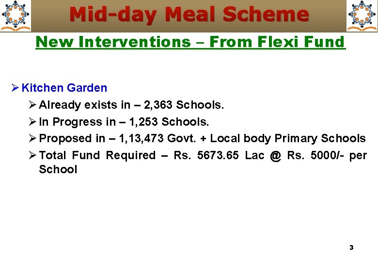 Mid-day Meal Scheme New Interventions – From Flexi Fund Ø Kitchen Garden Ø Already