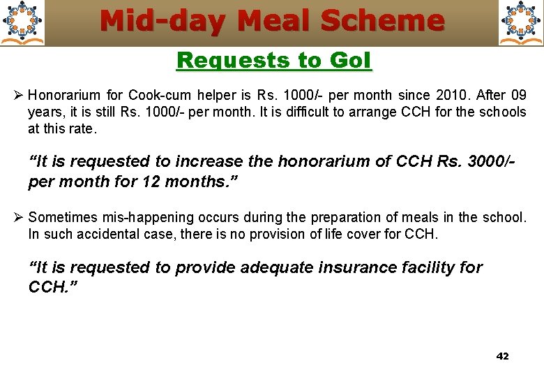 Mid-day Meal Scheme Requests to Go. I Ø Honorarium for Cook-cum helper is Rs.