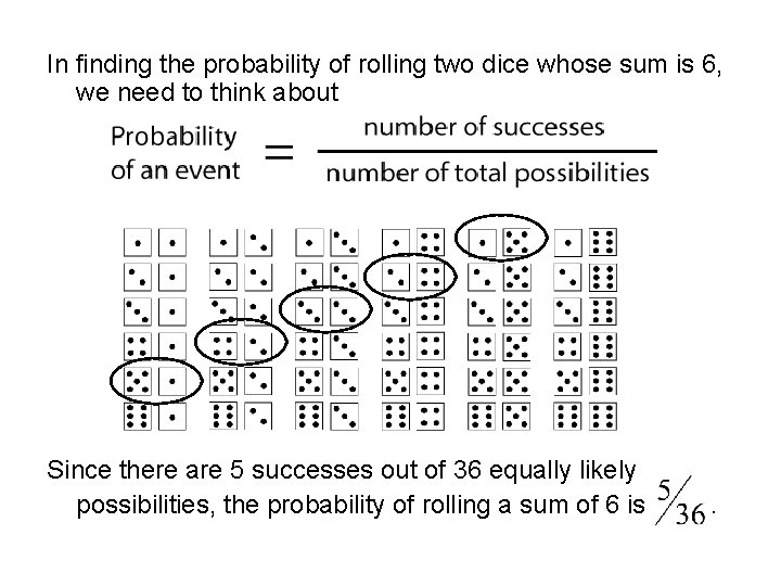 In finding the probability of rolling two dice whose sum is 6, we need