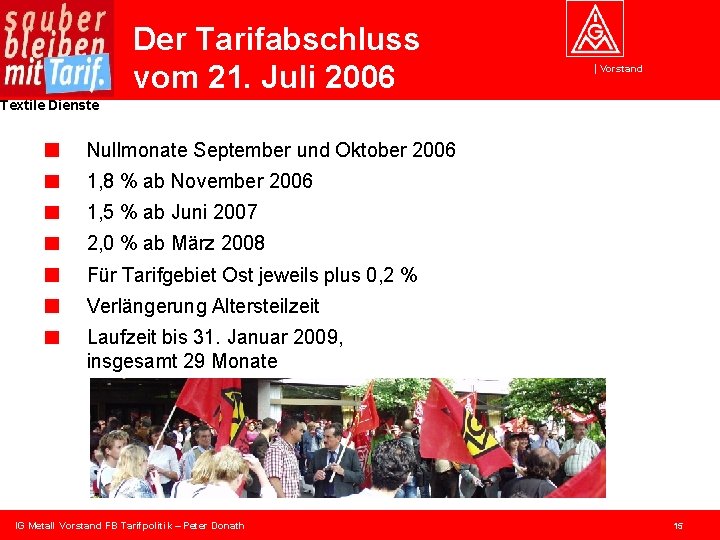 Der Tarifabschluss vom 21. Juli 2006 Vorstand Textile Dienste Nullmonate September und Oktober 2006