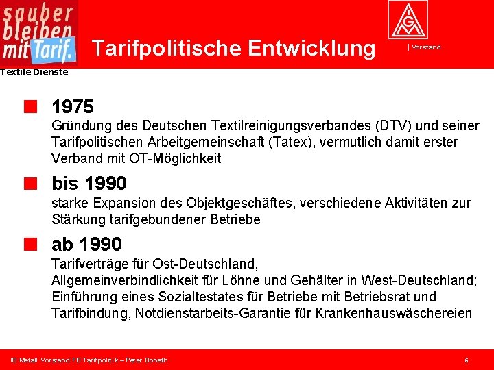 Tarifpolitische Entwicklung Vorstand Textile Dienste 1975 Gründung des Deutschen Textilreinigungsverbandes (DTV) und seiner Tarifpolitischen