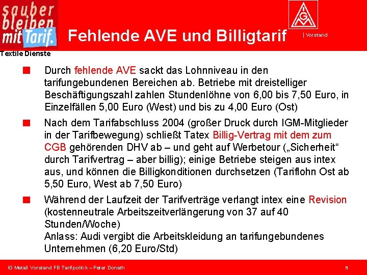 Fehlende AVE und Billigtarif Vorstand Textile Dienste Durch fehlende AVE sackt das Lohnniveau in