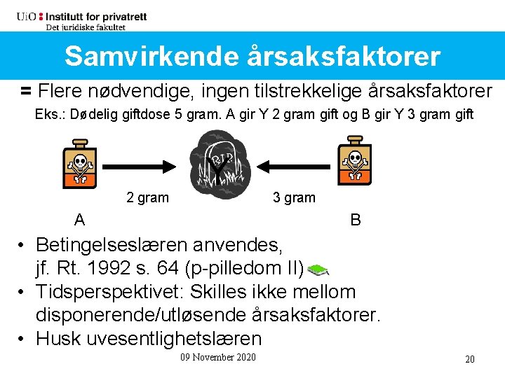 Samvirkende årsaksfaktorer = Flere nødvendige, ingen tilstrekkelige årsaksfaktorer Eks. : Dødelig giftdose 5 gram.