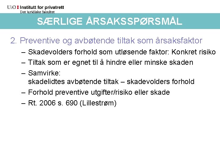 SÆRLIGE ÅRSAKSSPØRSMÅL 2. Preventive og avbøtende tiltak som årsaksfaktor – Skadevolders forhold som utløsende