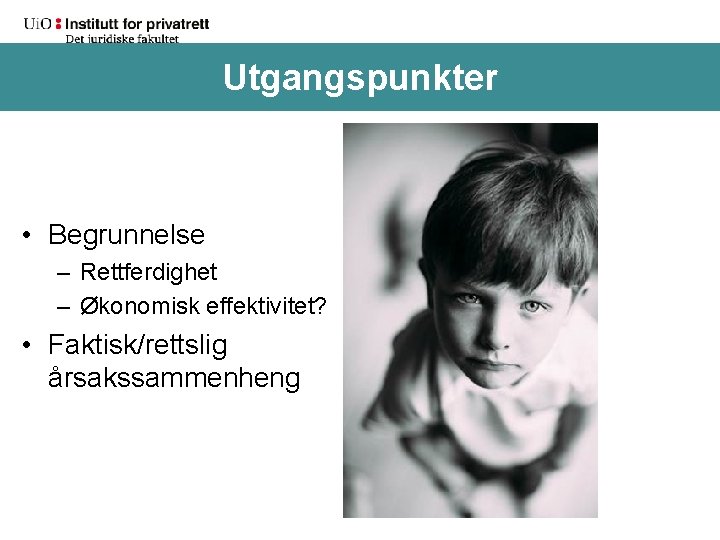 Utgangspunkter • Begrunnelse – Rettferdighet – Økonomisk effektivitet? • Faktisk/rettslig årsakssammenheng 