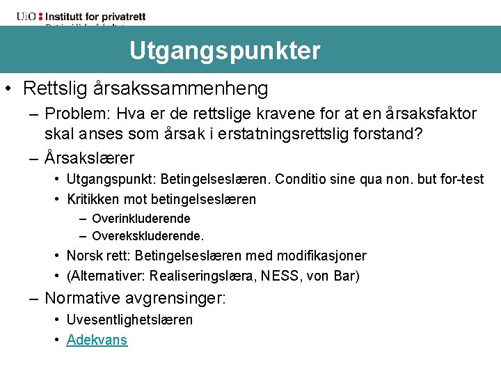 Utgangspunkter (forts. ) • Rettslig årsakssammenheng – Problem: Hva er de rettslige kravene for