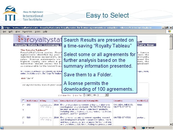 Easy to Select Search Results are presented on a time-saving “Royalty Tableau” Select some