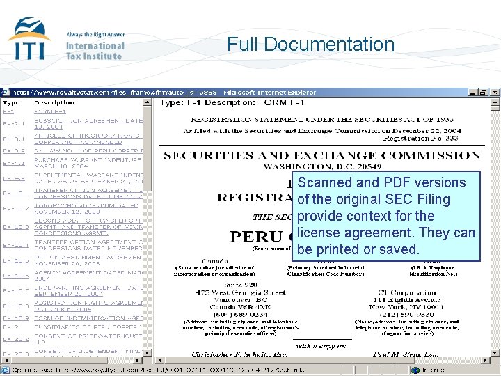 Full Documentation Scanned and PDF versions of the original SEC Filing provide context for