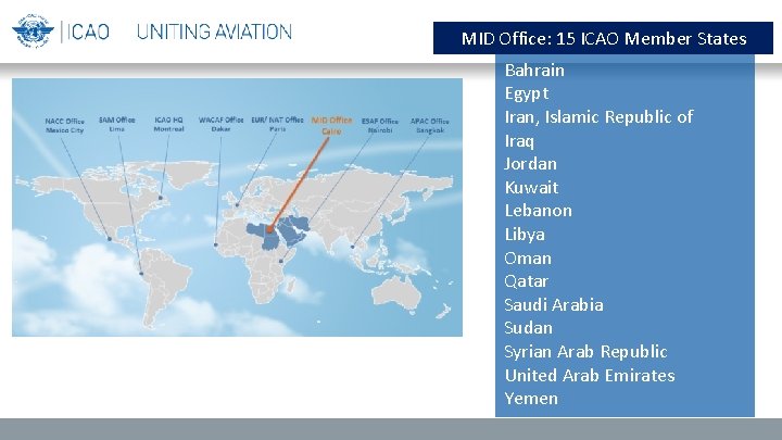 MID Office: 15 ICAO Member States Bahrain Egypt Iran, Islamic Republic of Iraq Jordan