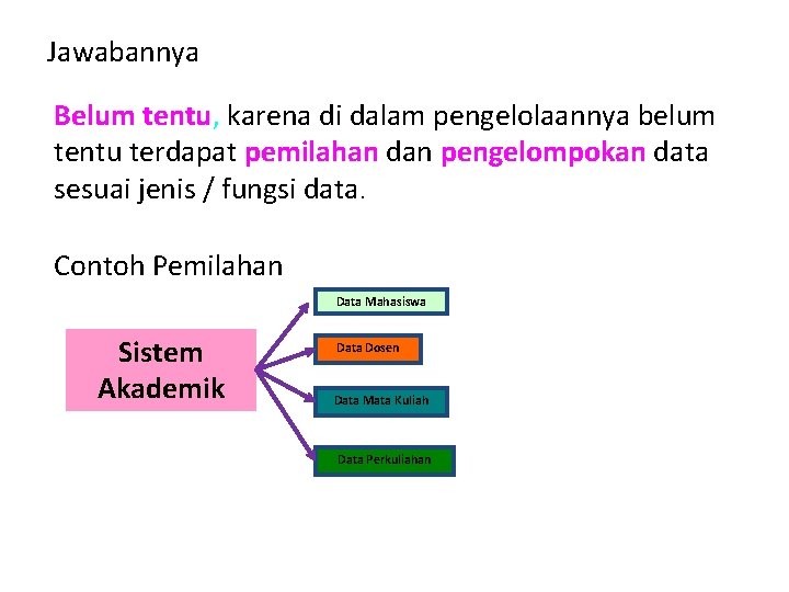 Jawabannya Belum tentu, karena di dalam pengelolaannya belum tentu terdapat pemilahan dan pengelompokan data