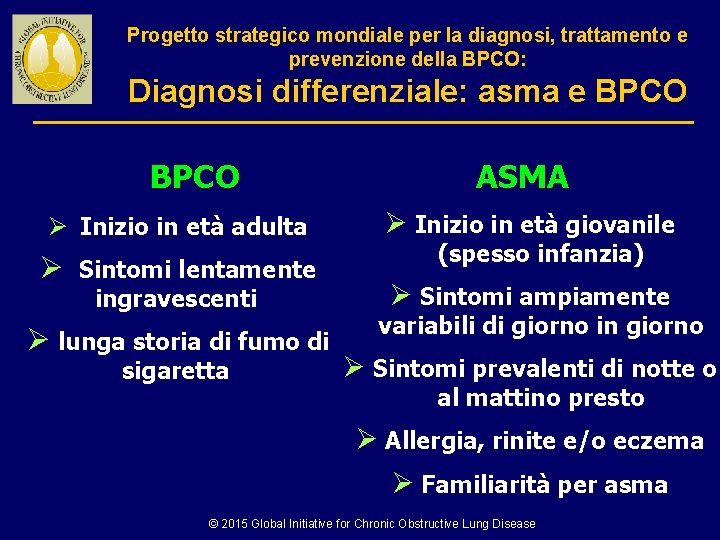 Progetto strategico mondiale per la diagnosi, trattamento e prevenzione della BPCO: Diagnosi differenziale: asma