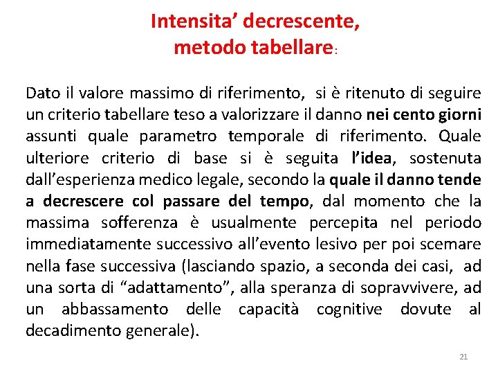 Intensita’ decrescente, metodo tabellare: Dato il valore massimo di riferimento, si è ritenuto di